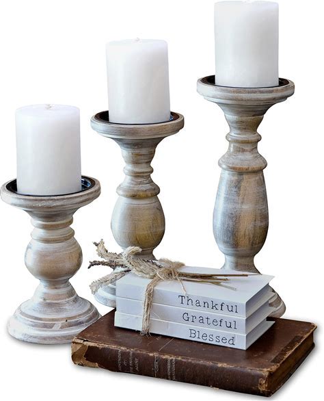 MyGift Vintage White Wood 3-Piece Pillar Candle Holder Set